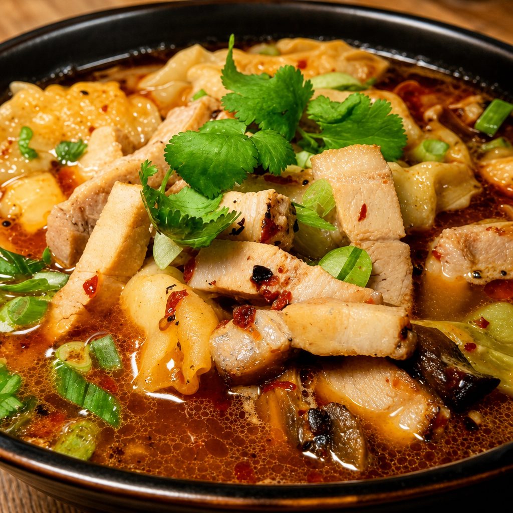 Pork Belly Hot & Sour Dumpling Soup.